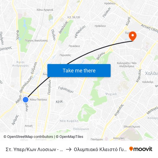 Στ. Υπερ/Κων Λιοσιων - Liosion Intercity Bus Station to Ολυμπιακό Κλειστό Γυμναστήριο Νίκος Γκάλης map