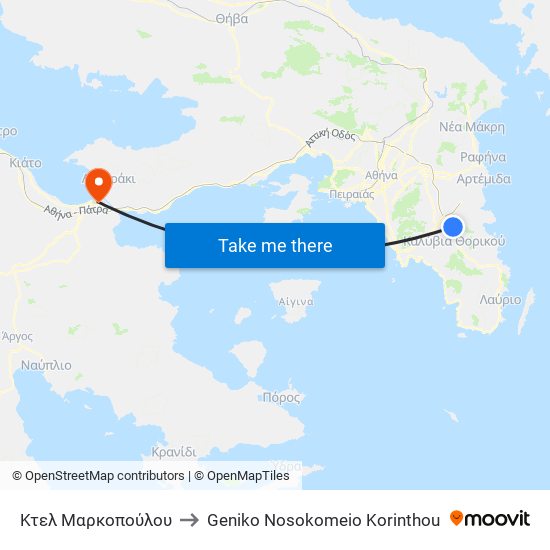 Κτελ Μαρκοπούλου to Geniko Nosokomeio Korinthou map