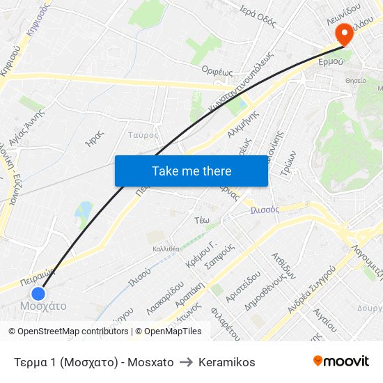Τερμα 1 (Μοσχατο) - Mosxato to Keramikos map