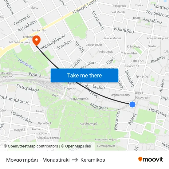 Monastiraki to Keramikos map