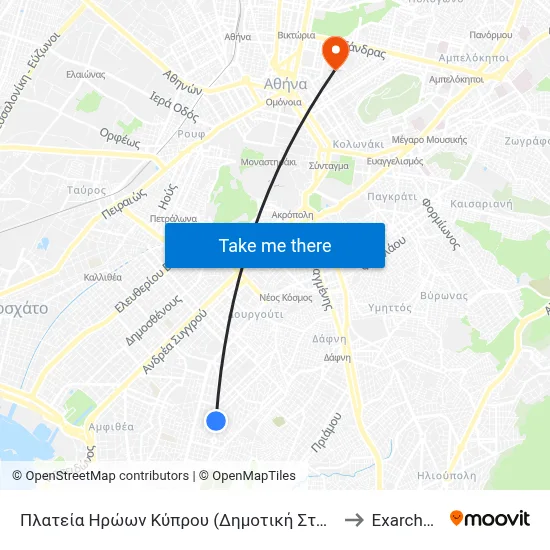 Heroes of Cyprus Square (Municipal Stop) to Exarcheia map