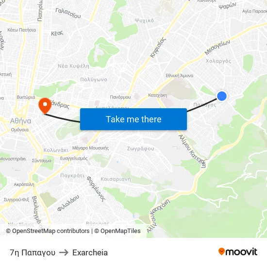 7th Papagou to Exarcheia map