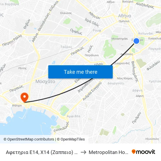 Αφετηρια Ε14, Χ14 (Ζαππειο) - Zappio to Metropolitan Hospital map