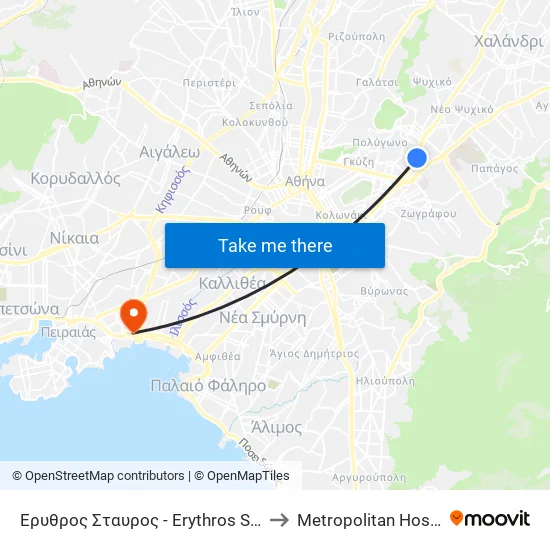 Ερυθρος Σταυρος - Erythros Stayros to Metropolitan Hospital map