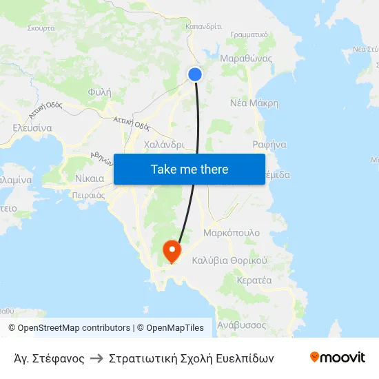 Agios Stefanos to Military School of Evelpidon map