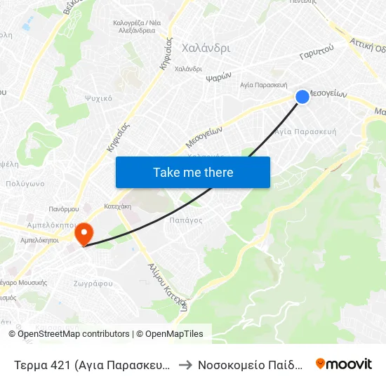 Τερμα 421 (Αγια Παρασκευη) - Agia Paraskeyh to Children's Hospital Agia Sophia map