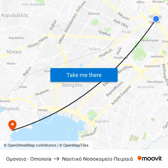 Ομονοια - Omonoia to Naval Hospital of Piraeus map