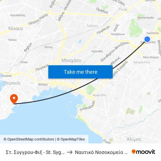 Syggrou-Fix Station to Naval Hospital of Piraeus map
