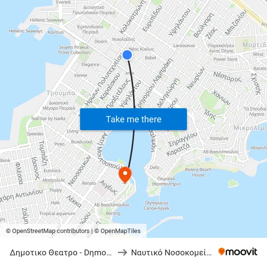 Δημοτικο Θεατρο - Dηmotiko Theatro to Naval Hospital of Piraeus map