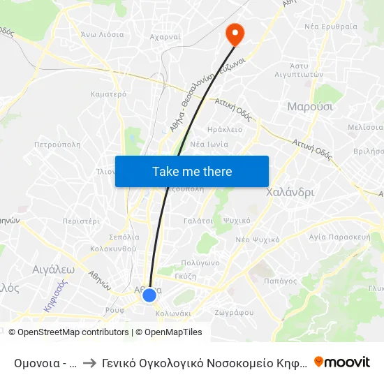 Ομονοια - Omonoia to General Oncology Hospital of Kifissia Saints Anargyroi map