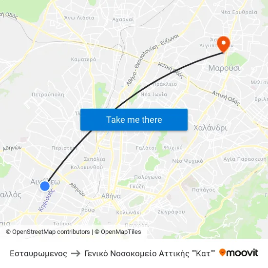 Estavromenos to General Hospital of Attica "Kat" map