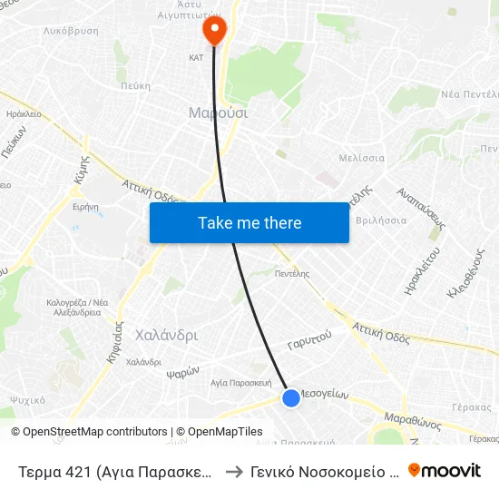 Τερμα 421 (Αγια Παρασκευη) - Agia Paraskeyh to General Hospital of Attica "Kat" map