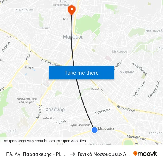 Πλ. Αγ. Παρασκευης - Pl. Ag. Paraskeyhs to General Hospital of Attica "Kat" map