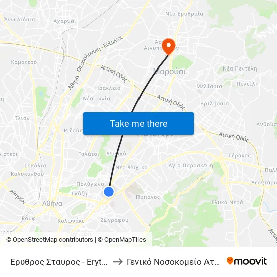 Ερυθρος Σταυρος - Erythros Stayros to General Hospital of Attica "Kat" map