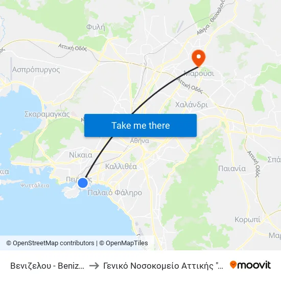 Βενιζελου - Βenizeloy to General Hospital of Attica "Kat" map