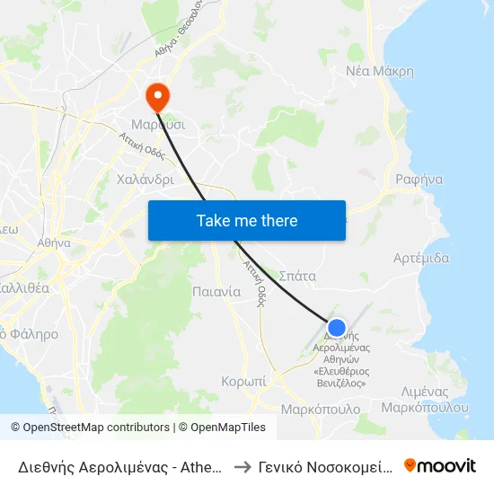 Athens International Airport to KAT General Hospital of Attica map