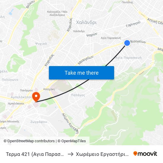 Τερμα 421 (Αγια Παρασκευη) - Agia Paraskeyh to Χωρέμειο Εργαστήριο Ιατρικής Γενετικής map