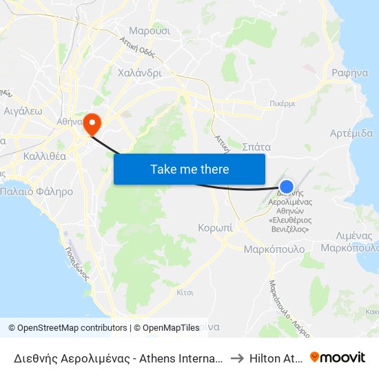 Διεθνής Αερολιμένας - Athens International Airport to Hilton Athens map