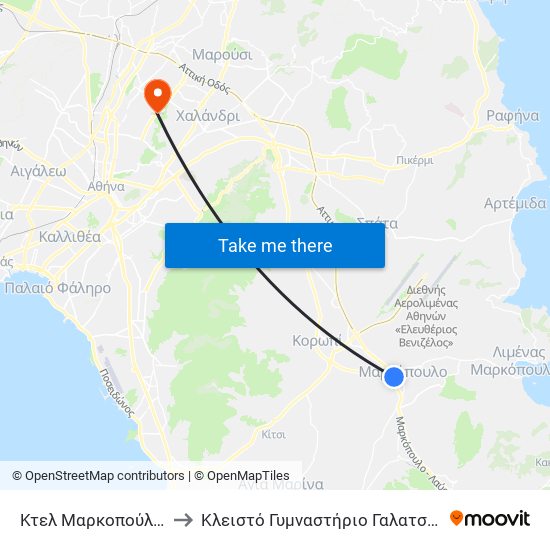 Κτελ Μαρκοπούλου to Κλειστό Γυμναστήριο Γαλατσίου map