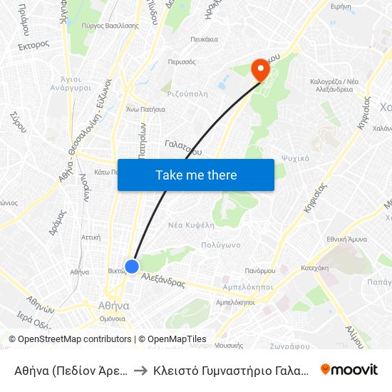 Αθήνα (Πεδίον Άρεως) to Κλειστό Γυμναστήριο Γαλατσίου map
