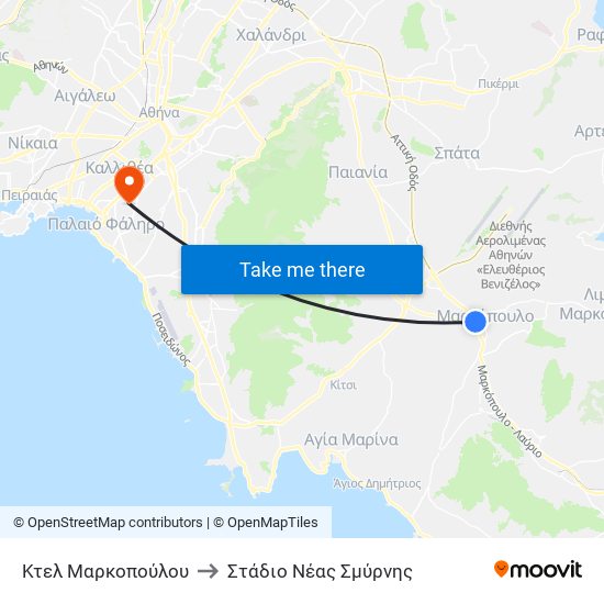 Κτελ Μαρκοπούλου to Στάδιο Νέας Σμύρνης map
