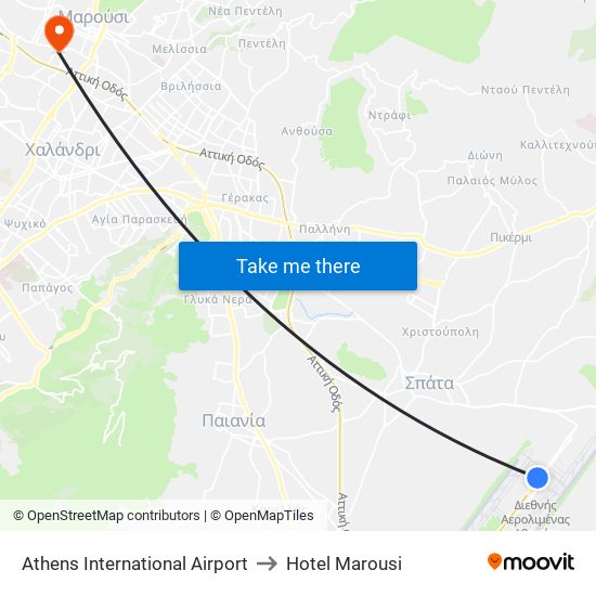 Athens International Airport to Hotel Marousi map