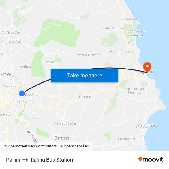 Pallini to Rafina Bus Station map