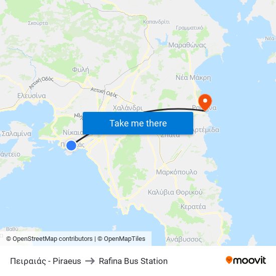 Πειραιάς - Piraeus to Rafina Bus Station map
