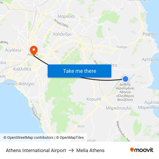 Athens International Airport to Melia Athens map
