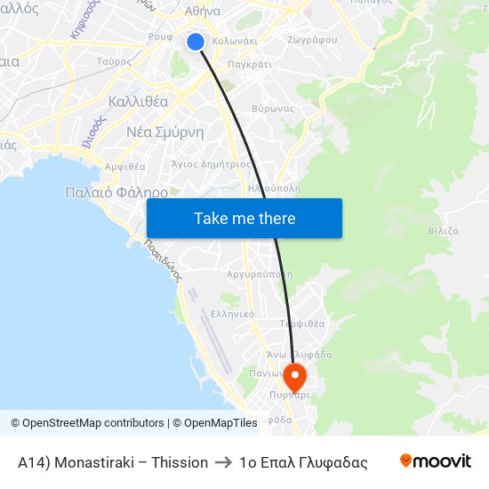 A14) Monastiraki – Thission to 1ο Επαλ Γλυφαδας map