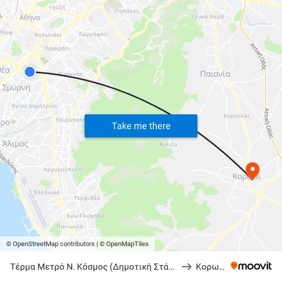 Τέρμα Μετρό Ν. Κόσμος (Δημοτική Στάση) to Κορωπί map