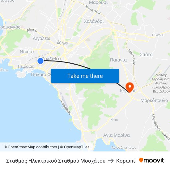 Σταθμός Ηλεκτρικού Σταθμού Μοσχάτου to Κορωπί map