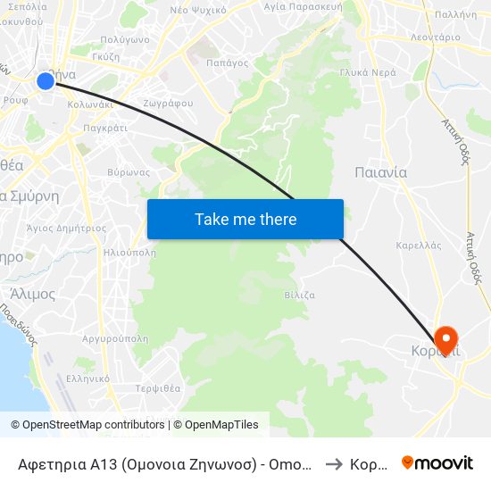 Αφετηρια Α13 (Ομονοια Ζηνωνοσ) - Omonoia Zinonos to Κορωπί map