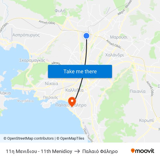 11η Μενιδιου - 11th Menidioy to Παλαιό Φάληρο map