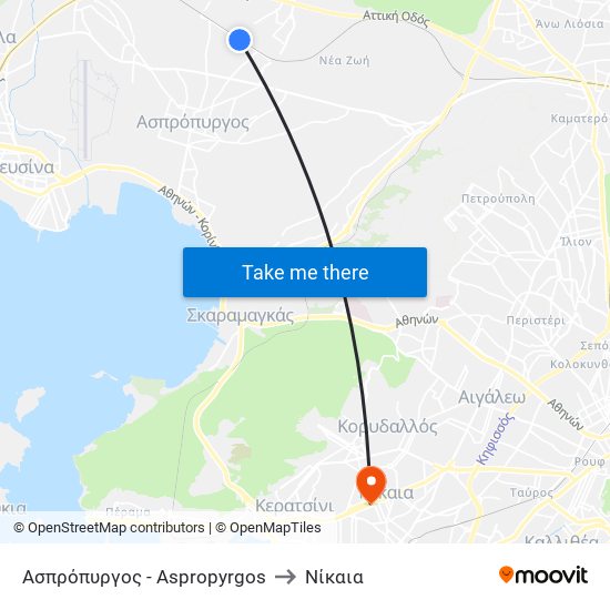 Ασπρόπυργος - Aspropyrgos to Νίκαια map