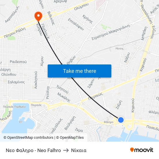 Νεο Φαληρο - Neo Falhro to Νίκαια map