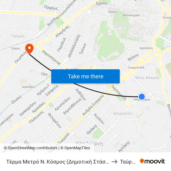 Τέρμα Μετρό Ν. Κόσμος (Δημοτική Στάση) to Ταύρος map