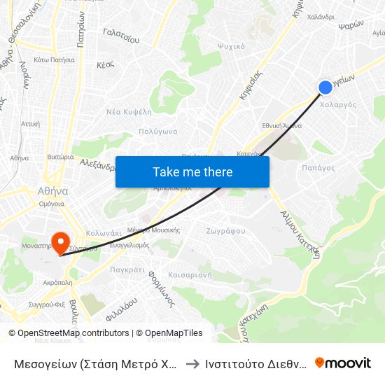 Μεσογείων (Στάση Μετρό Χολαργού) (Δημοτική Στάση) to Ινστιτούτο Διεθνών Σχέσεων / ΙΔΙΣ map