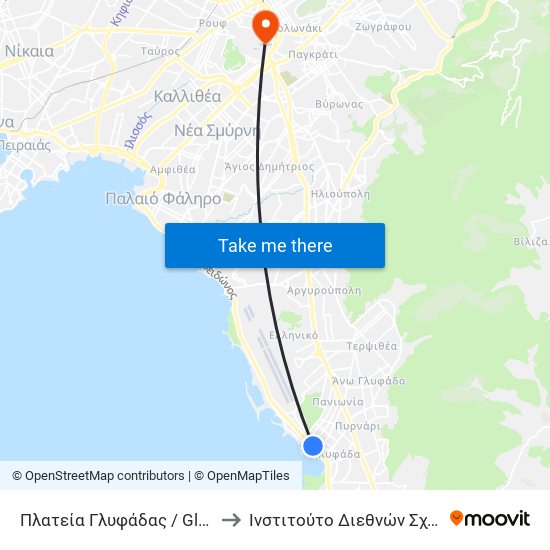 Πλατεία Γλυφάδας / Glyfada Square to Ινστιτούτο Διεθνών Σχέσεων / ΙΔΙΣ map