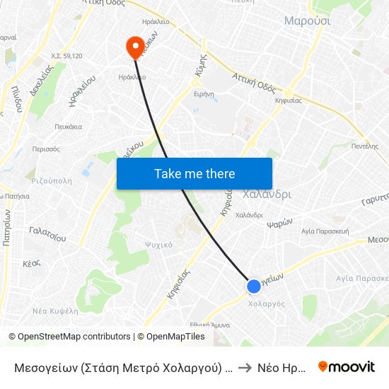 Μεσογείων (Στάση Μετρό Χολαργού) (Δημοτική Στάση) to Νέο Ηράκλειο map