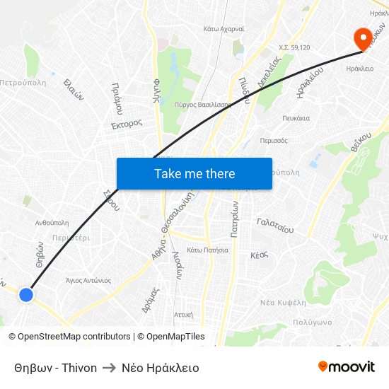 Θηβων - Thivon to Νέο Ηράκλειο map