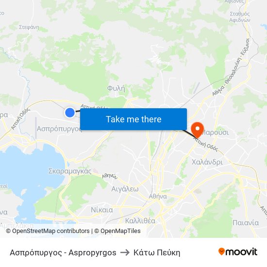 Ασπρόπυργος - Aspropyrgos to Κάτω Πεύκη map
