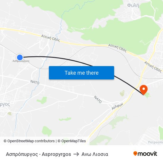 Ασπρόπυργος - Aspropyrgos to Ανω Λιοσια map