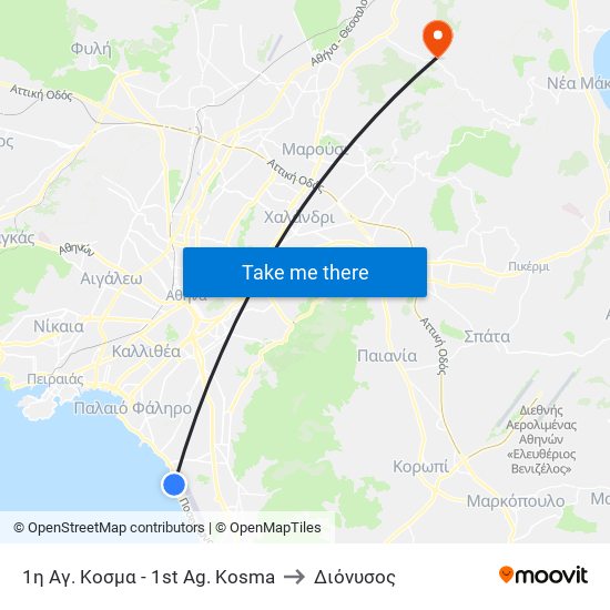 1η Αγ. Κοσμα - 1st Ag. Kosma to Διόνυσος map
