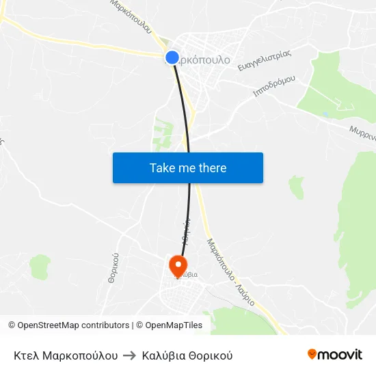 Κτελ Μαρκοπούλου to Καλύβια Θορικού map