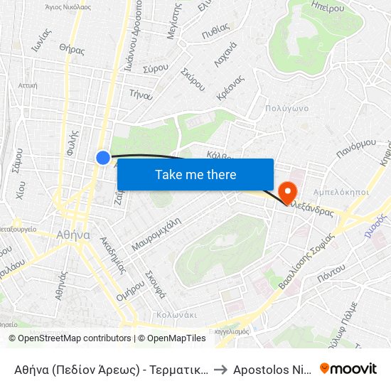 Αθήνα (Πεδίον Άρεως) - Τερματικός / Athens (Pedion Areos)- Terminal to Apostolos Nikolaidis Stadium map