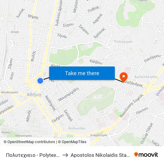 Πολυτεχνειο - Polytexneio to Apostolos Nikolaidis Stadium map