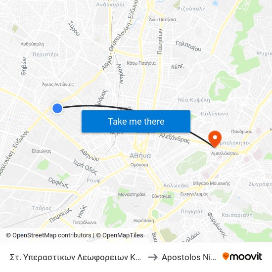 Στ. Υπεραστικων Λεωφορειων Κηφισου - Kifisos Intercity Bus Station to Apostolos Nikolaidis Stadium map