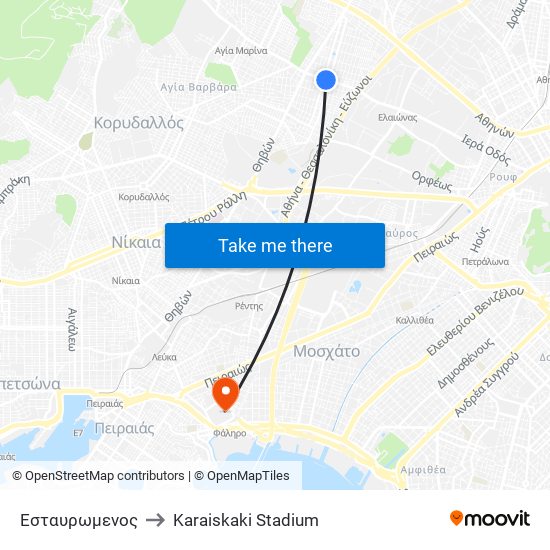 Εσταυρωμενος to Karaiskaki Stadium map