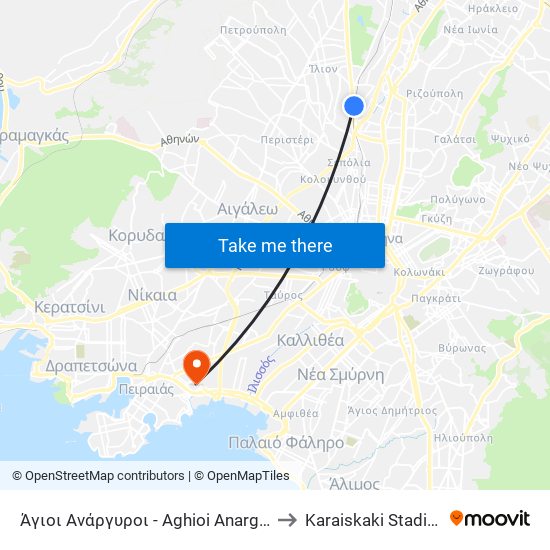 Άγιοι Ανάργυροι - Aghioi Anargyroi to Karaiskaki Stadium map